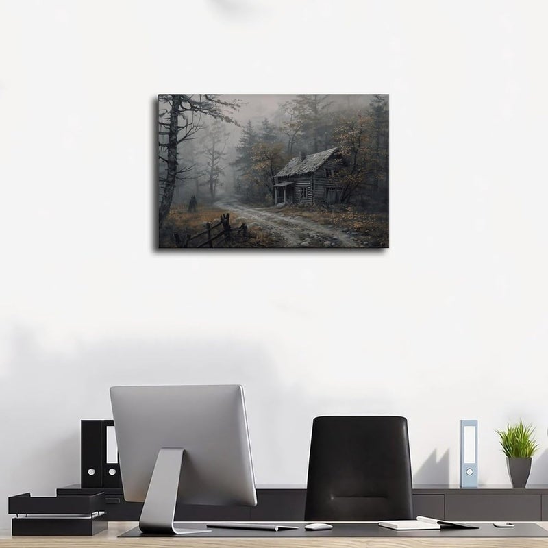 Kroey Rustic Cabin in Foggy Autumn Forest, Dark Cottagecore Vintage Fall Landscape Art Moody Rustic Decor, Fall Wall Art Farmhouse Print Frame-style 12x18inch(30x45cm) - Image 3