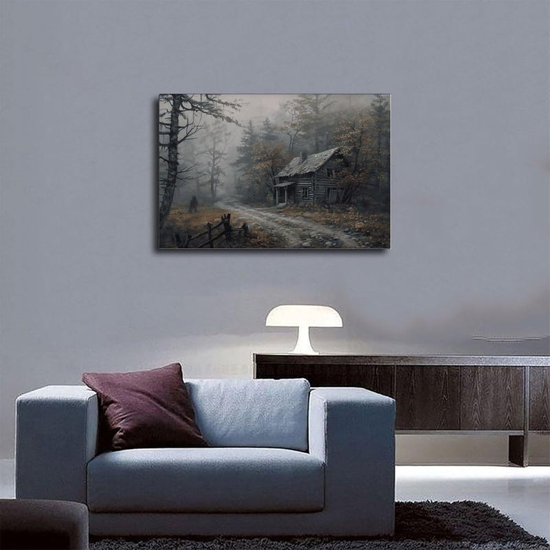 Kroey Rustic Cabin in Foggy Autumn Forest, Dark Cottagecore Vintage Fall Landscape Art Moody Rustic Decor, Fall Wall Art Farmhouse Print Frame-style 12x18inch(30x45cm) - Image 5