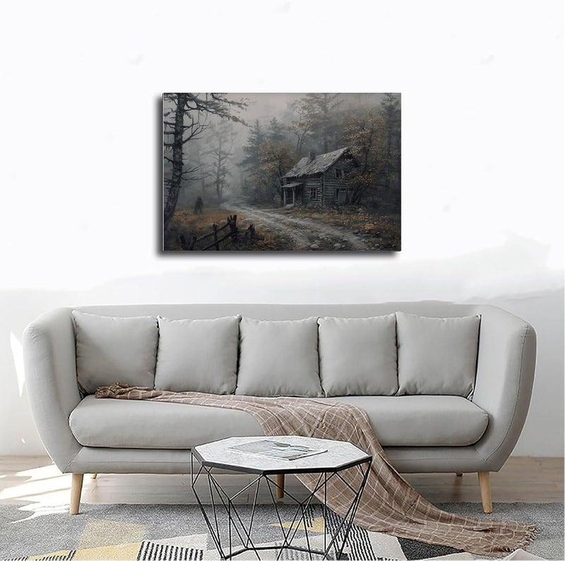 Kroey Rustic Cabin in Foggy Autumn Forest, Dark Cottagecore Vintage Fall Landscape Art Moody Rustic Decor, Fall Wall Art Farmhouse Print Frame-style 12x18inch(30x45cm) - Image 4