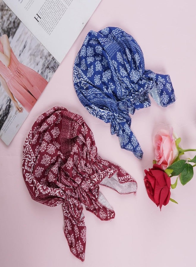 Sucrain 4pcs Pre-Tied Chemo Head Scarf Beanie Covers Cap Head Scarves Sleep Turban Hat Women Bandana with Stretch Print Ruffle Blue - Image 4