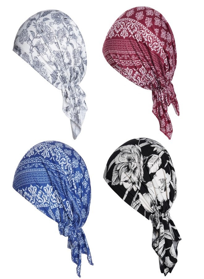 Sucrain 4pcs Pre-Tied Chemo Head Scarf Beanie Covers Cap Head Scarves Sleep Turban Hat Women Bandana with Stretch Print Ruffle Blue - Image 1