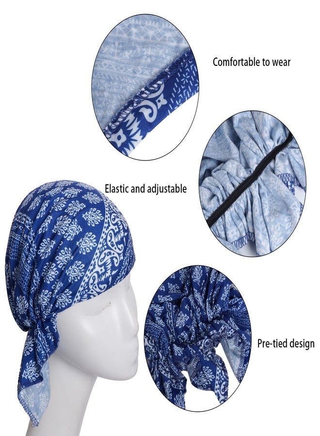 Sucrain 4pcs Pre-Tied Chemo Head Scarf Beanie Covers Cap Head Scarves Sleep Turban Hat Women Bandana with Stretch Print Ruffle Blue - Image 3