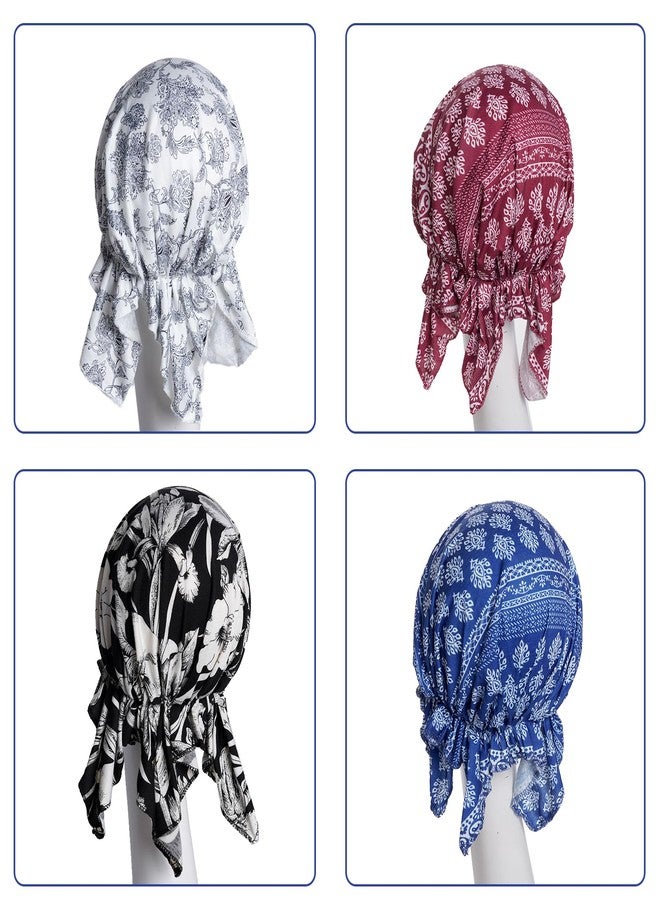 Sucrain 4pcs Pre-Tied Chemo Head Scarf Beanie Covers Cap Head Scarves Sleep Turban Hat Women Bandana with Stretch Print Ruffle Blue - Image 5