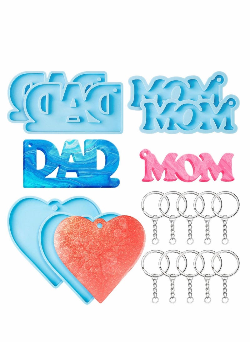 Excefore Mom Dad Keychain Resin Molds, 6 Pcs Silicone Mom Dad Letter Keychain Molds Heart Shape Keychain Pendant Mold with 10 Pieces Key Rings for DIY Keychain Jewelry Home Decorations Making Supplies - Image 1