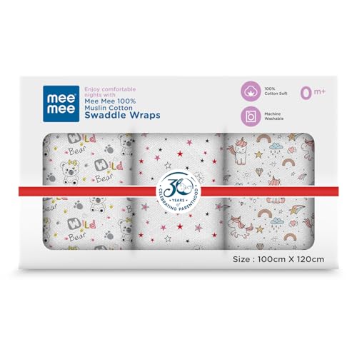 Mee Mee 100% Muslin Cotton Baby Swaddle Wrappers Set (PK-3)| Baby Towel| Soft, Quick-Drying & Highly Absorbent Blanket | Printed Mulmul Swaddle Cloth,Newborn Essentials (Multicolour, 120x100 cm) - Image 1