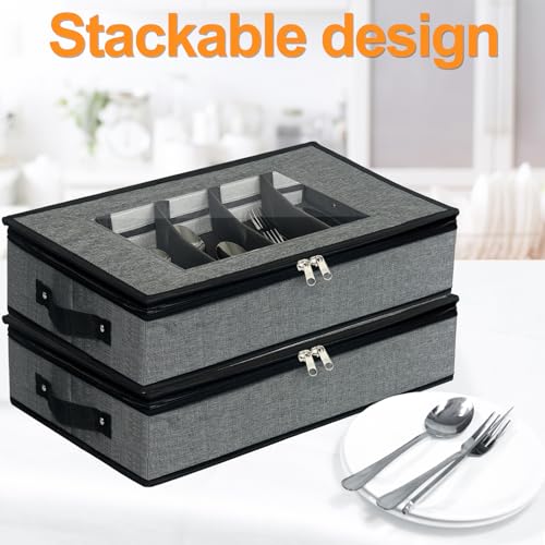 VERONLY 2 Pack Flatware Utensil Storage - Sturdy Silverware Storage Box with Dividers, 5 Compartment Flatware Storage Case with Handles and Removable Lid for Moving&Protected(Dark Gray) - Image 4