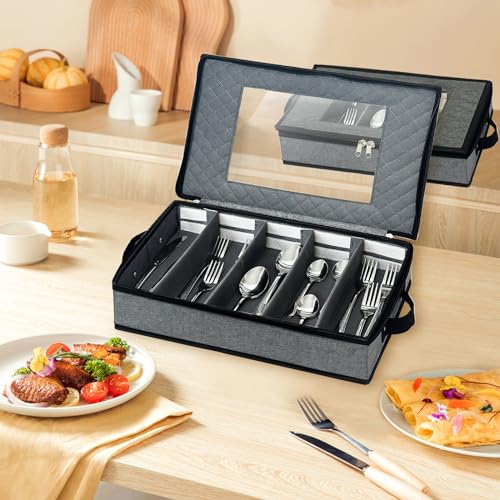 VERONLY 2 Pack Flatware Utensil Storage - Sturdy Silverware Storage Box with Dividers, 5 Compartment Flatware Storage Case with Handles and Removable Lid for Moving&Protected(Dark Gray) - Image 3