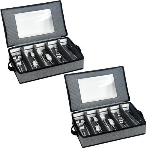 VERONLY 2 Pack Flatware Utensil Storage - Sturdy Silverware Storage Box with Dividers, 5 Compartment Flatware Storage Case with Handles and Removable Lid for Moving&Protected(Dark Gray) - Image 1