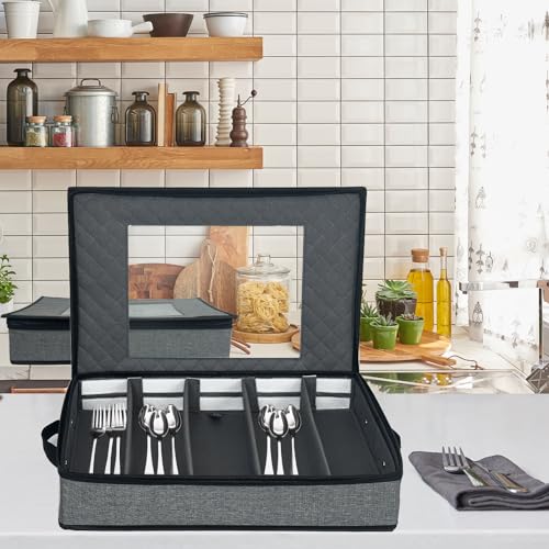 VERONLY 2 Pack Flatware Utensil Storage - Sturdy Silverware Storage Box with Dividers, 5 Compartment Flatware Storage Case with Handles and Removable Lid for Moving&Protected(Dark Gray) - Image 5