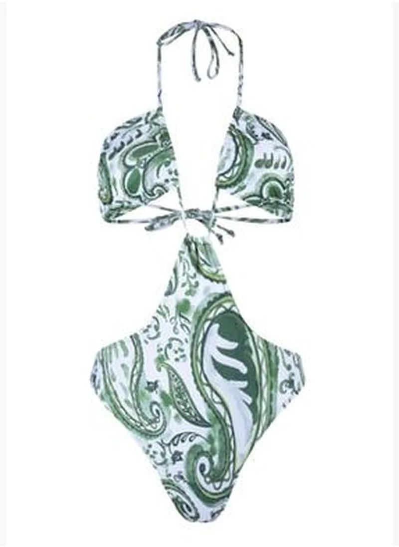 trendyol Shawl Patterned Low-Collecture Cut Out/Windowed High Leg Swimsuit TBESS23MA00012
