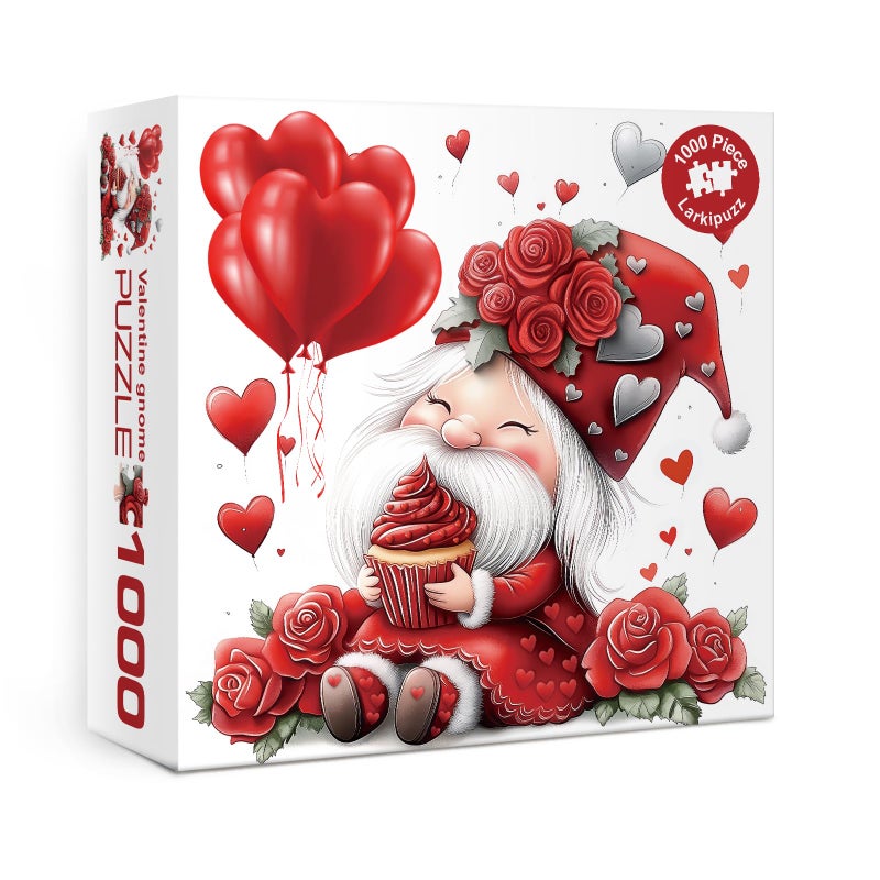 Larkipuzz Funny Valentine Gnome Puzzles for Adults 1000 Pieces Cute Love Cupcake Jigsaw Puzzle Challenging Red Rose Art Puzzles - Image 3
