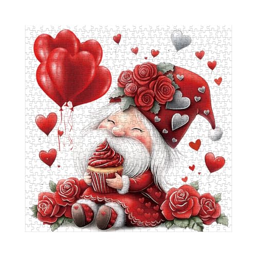 Larkipuzz Funny Valentine Gnome Puzzles for Adults 1000 Pieces Cute Love Cupcake Jigsaw Puzzle Challenging Red Rose Art Puzzles - Image 5