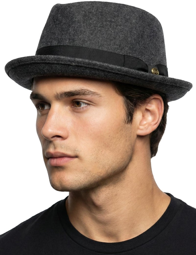 Funky Junque Porkpie Fedora Hats for Men â€“ Classic Wool Blend Trilby Dress Hat, Short Brim Fedoras for Formal & Casual Wear - Charcoal - Large/X-Large - Image 1