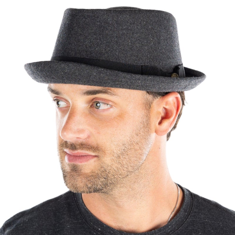 Funky Junque Porkpie Fedora Hats for Men â€“ Classic Wool Blend Trilby Dress Hat, Short Brim Fedoras for Formal & Casual Wear - Charcoal - Large/X-Large - Image 3