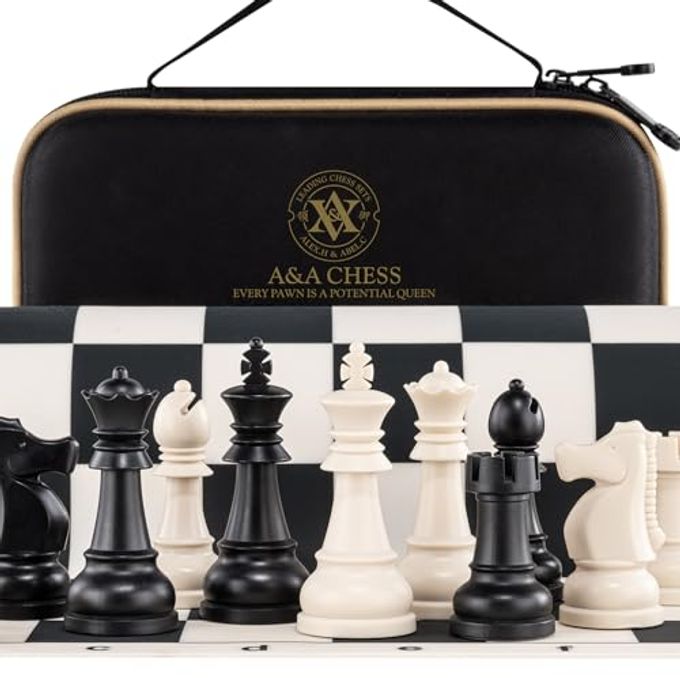 A&A Chess Set 15''x15'' Foldable Silicone Chessboard and 3.25'' King Height Weighted Plastic Staunton Pieces with Carrying Case for Portable Travel - Image 1