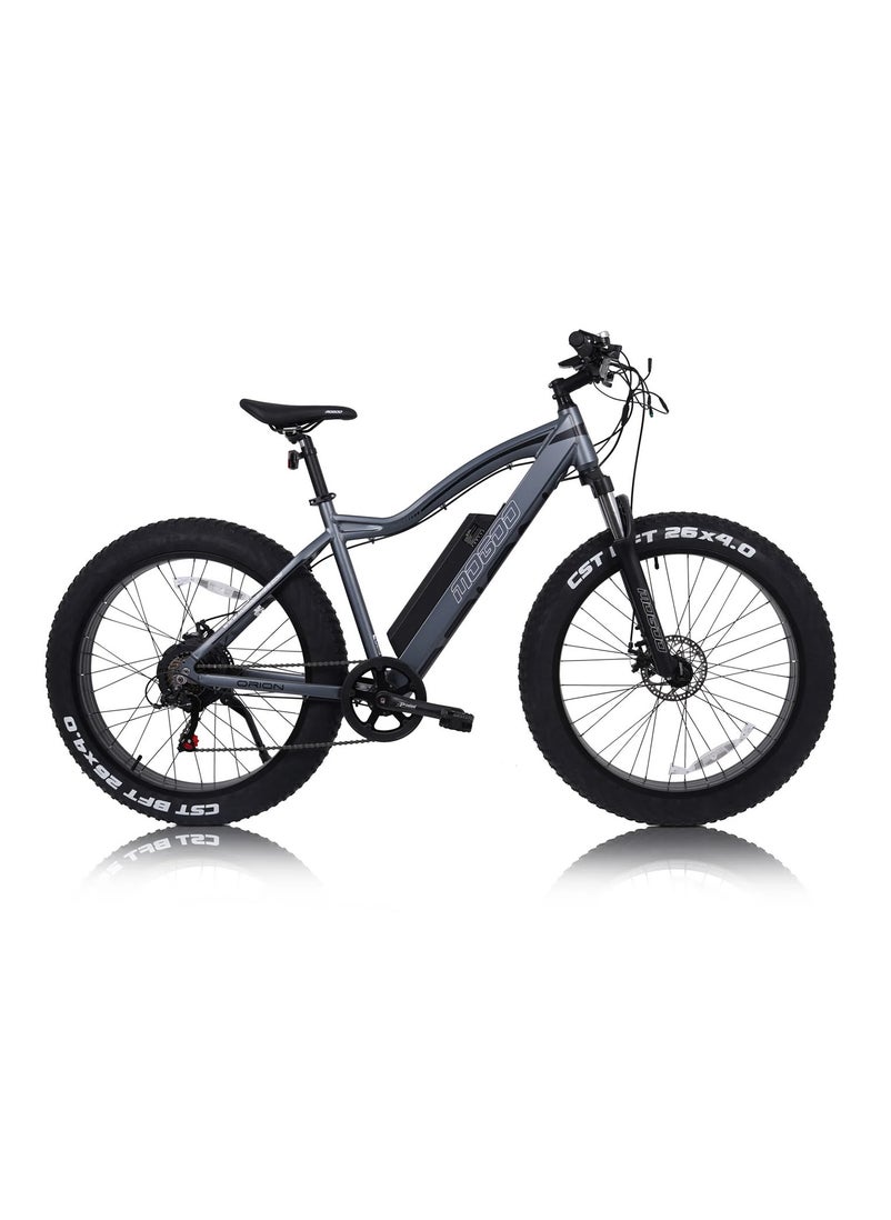 MOGOO دراجة Mogoo Orion Fat Tire E الجبلية مقاس 26 بوصة - محرك 750 وات - بطارية 48 فولت 12.4 أمبير - ناقل حركة شيمانو 7 سرعات - أقصى سرعة 32 كم/ساعة - دراجة كهربائية للطرق الوعرة بإطارات سميكة مقاس 4.0 بوصة - دراجة كهربائية للصحراء والشاطئ - رمادية  - Image 1