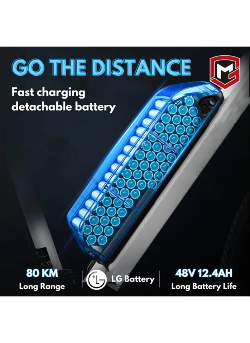 MOGOO دراجة Mogoo Orion Fat Tire E الجبلية مقاس 26 بوصة - محرك 750 وات - بطارية 48 فولت 12.4 أمبير - ناقل حركة شيمانو 7 سرعات - أقصى سرعة 32 كم/ساعة - دراجة كهربائية للطرق الوعرة بإطارات سميكة مقاس 4.0 بوصة - دراجة كهربائية للصحراء والشاطئ - رمادية  - Image 4