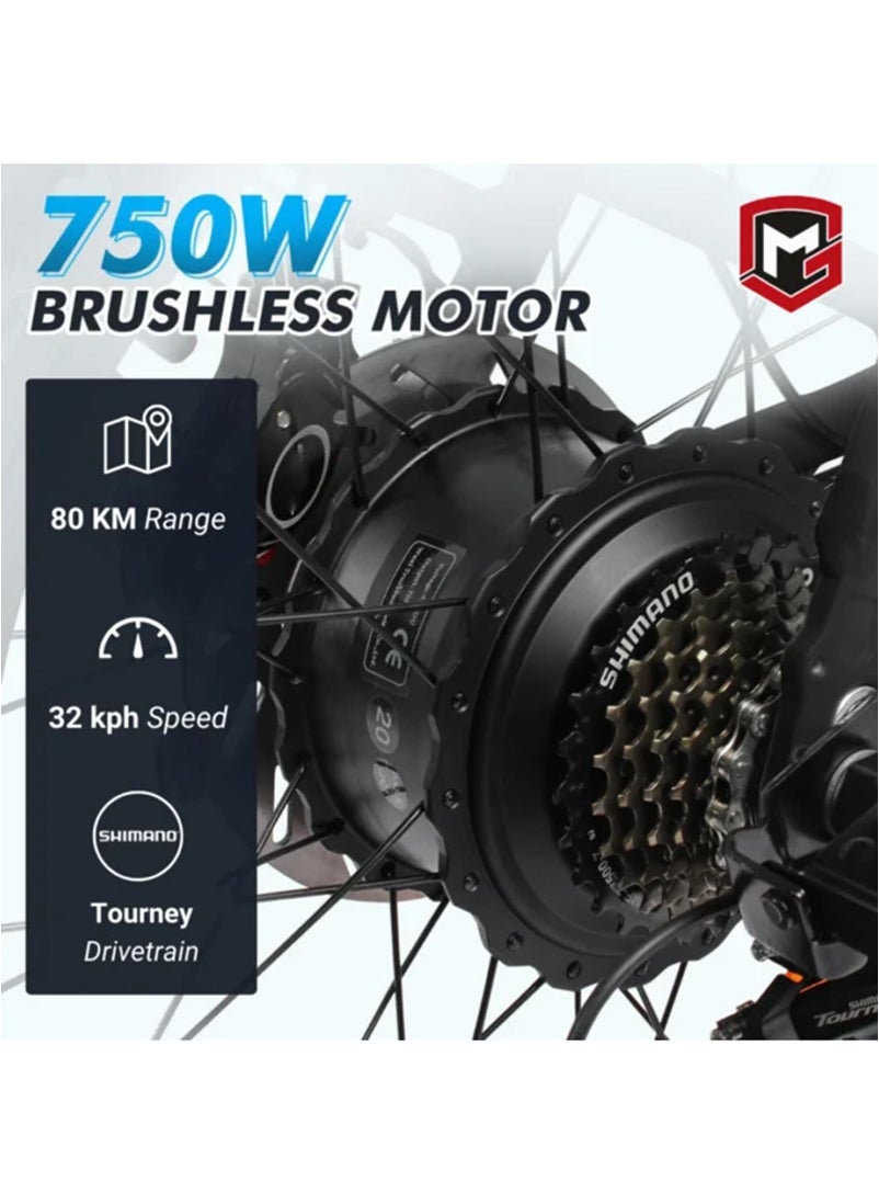 MOGOO دراجة Mogoo Orion Fat Tire E الجبلية مقاس 26 بوصة - محرك 750 وات - بطارية 48 فولت 12.4 أمبير - ناقل حركة شيمانو 7 سرعات - أقصى سرعة 32 كم/ساعة - دراجة كهربائية للطرق الوعرة بإطارات سميكة مقاس 4.0 بوصة - دراجة كهربائية للصحراء والشاطئ - رمادية  - Image 3