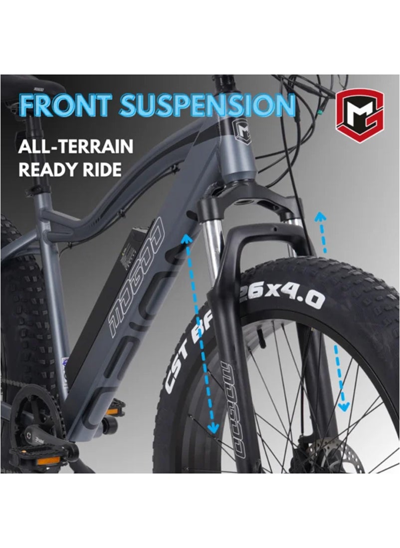 MOGOO دراجة Mogoo Orion Fat Tire E الجبلية مقاس 26 بوصة - محرك 750 وات - بطارية 48 فولت 12.4 أمبير - ناقل حركة شيمانو 7 سرعات - أقصى سرعة 32 كم/ساعة - دراجة كهربائية للطرق الوعرة بإطارات سميكة مقاس 4.0 بوصة - دراجة كهربائية للصحراء والشاطئ - رمادية  - Image 5