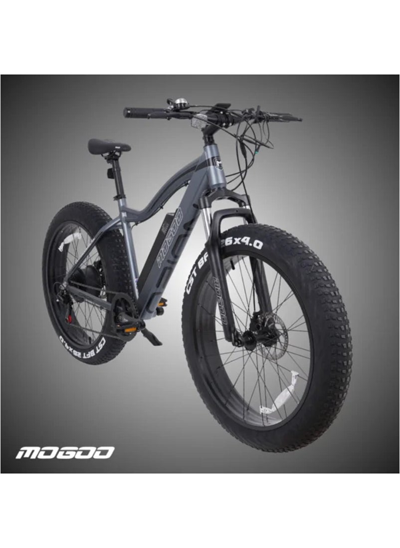 MOGOO دراجة Mogoo Orion Fat Tire E الجبلية مقاس 26 بوصة - محرك 750 وات - بطارية 48 فولت 12.4 أمبير - ناقل حركة شيمانو 7 سرعات - أقصى سرعة 32 كم/ساعة - دراجة كهربائية للطرق الوعرة بإطارات سميكة مقاس 4.0 بوصة - دراجة كهربائية للصحراء والشاطئ - رمادية  - Image 2