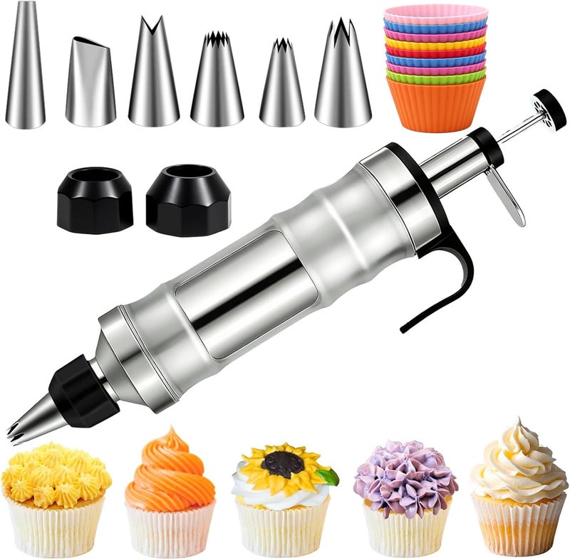 Suuker Dessert Decorating Syringe Set, Frosting Piping Kit Stainless Steels Cake Decorating Tools with 6 Icing Tips Cupcake Decorating Kit - Image 1