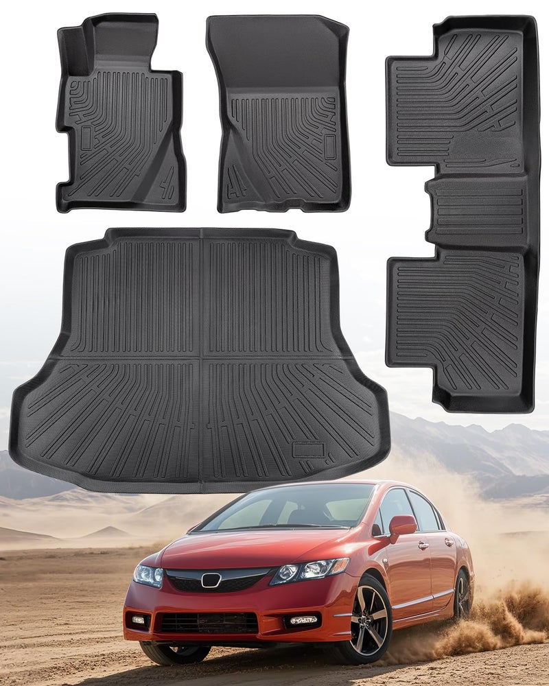 Car Floor Mats for Honda Civic 2006 2007 2008 2009 2010 2011 All Weather Rubber Black Trunk Liner Full Set Mats Fit for 5Seat 8th Gen Civic Si Sedan Not Fit Coupe TPE Cutsom Automotive Accessories