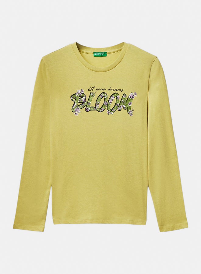 Benetton Girls Long sleeve cotton T-shirt with glitter print - Image 1