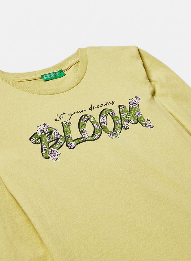 Benetton Girls Long sleeve cotton T-shirt with glitter print - Image 2