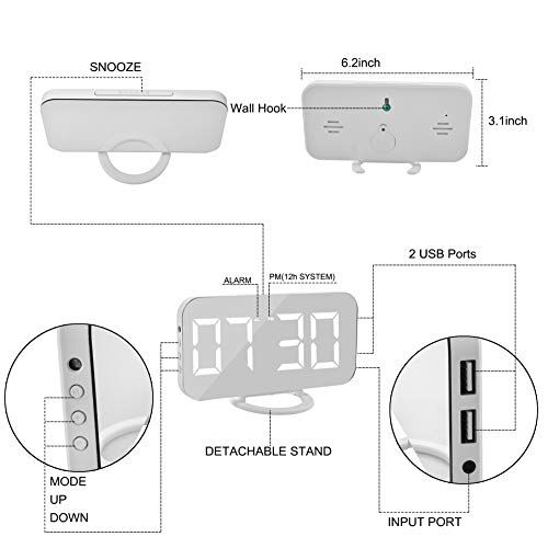 SZELAM Digital Clock Large Display, LED Electric Alarm Clocks Mirror Surface for Makeup with Diming Mode, 3 Levels Brightness, Dual USB Ports Modern Decoration for Home Bedroom Decor-White (001) - Image 4