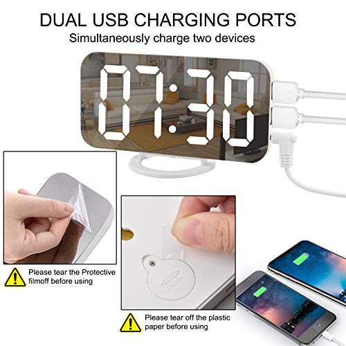SZELAM Digital Clock Large Display, LED Electric Alarm Clocks Mirror Surface for Makeup with Diming Mode, 3 Levels Brightness, Dual USB Ports Modern Decoration for Home Bedroom Decor-White (001) - Image 5