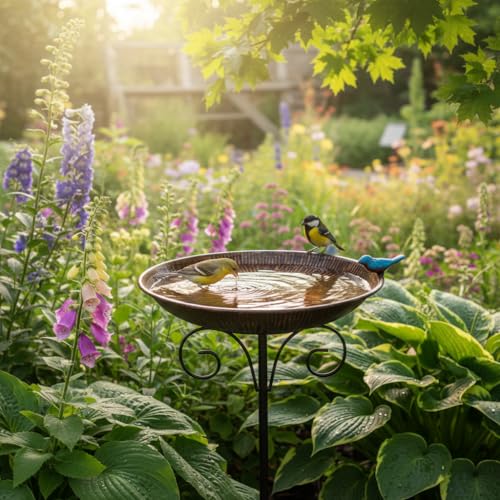 VEWOSTAR Metal Bird Bath for Outdoor,10" Wide Standing Frees Birdfeeder with Metal Stake,Vintage Bird Baths Feeder Bowl for Outdoors Garden Patio Yard Lawn Decor (Antique Bronze) - Image 3