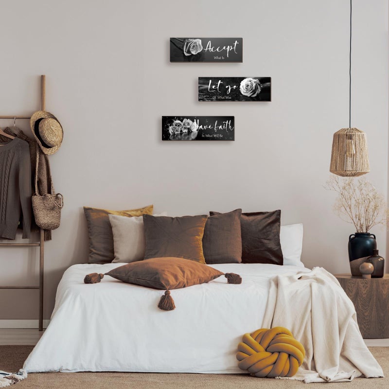 ZINYAZHE 3 Pcs Black White Rose Wall Decor Inspirational Wooden Flower Wall Art White Roses Bathroom Decor with Accept Let Go Have Faith Positive Quotes for Women Bathroom Living Room Bedroom(White Rose 12x4"") - Image 5