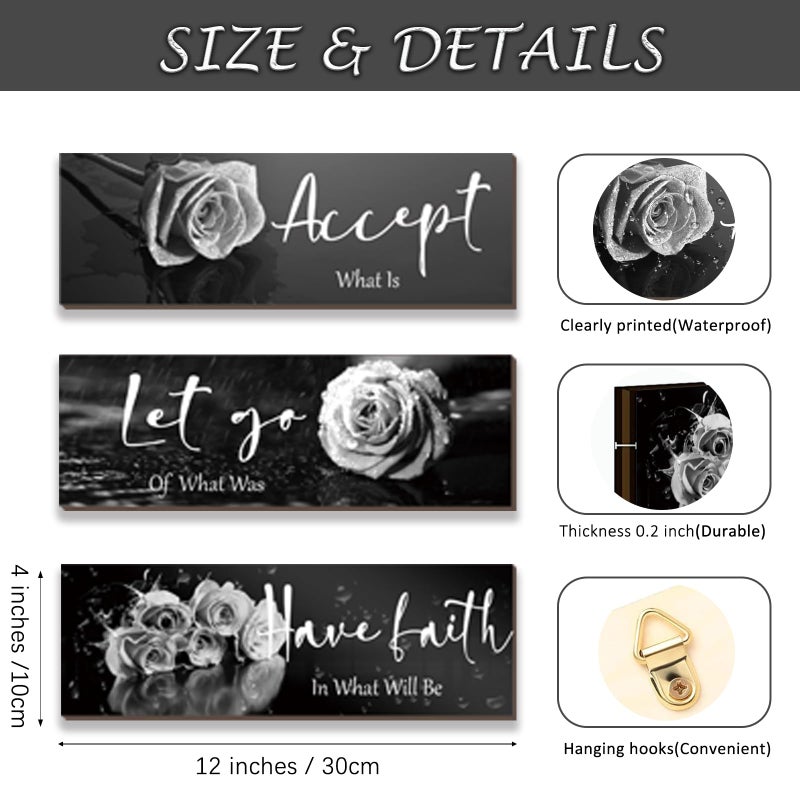 ZINYAZHE 3 Pcs Black White Rose Wall Decor Inspirational Wooden Flower Wall Art White Roses Bathroom Decor with Accept Let Go Have Faith Positive Quotes for Women Bathroom Living Room Bedroom(White Rose 12x4"") - Image 4