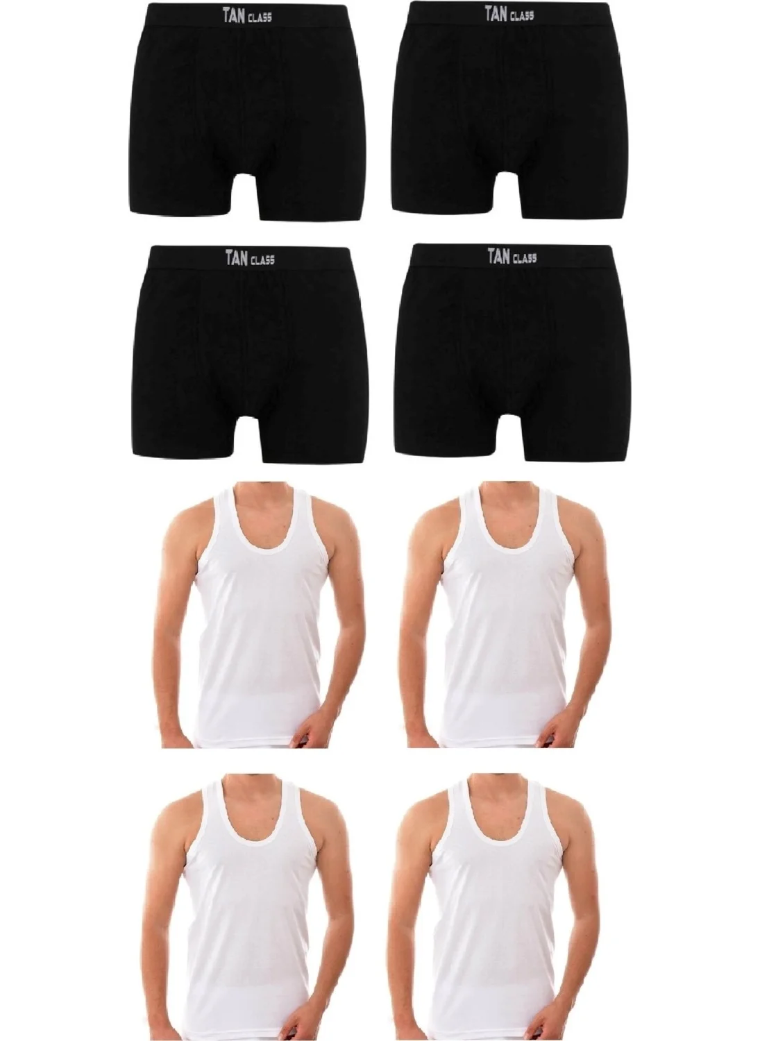 KYC Shopping Economic Package 4 Pieces Black Lycra Boxers, 4 Pieces Classic White Undershirts Flexible Fabric, Slim Fit