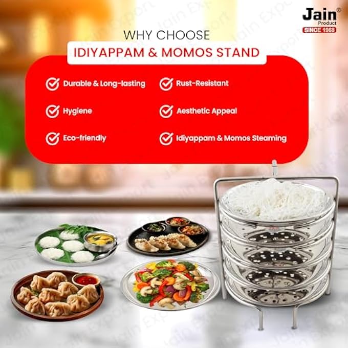 Jain Stainless Steel Idiyappam Stand Small Size with 3 Plates Momos Steamer Vegetable Steamer Utensil Pack of 1 Silver Color - Image 5