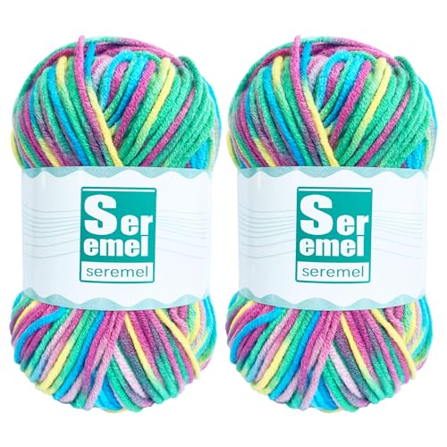 seremel 2 Pcs （2 * 48g/2 * 142yards） Crochet/Knitting Rainbow Yarn,Multicolor Variegated 100% Acrylic Yarn,Crochet Yarn for Beginners,Soft Yarn for Crocheting Blanket (Purple Green Yellow)… - Image 1