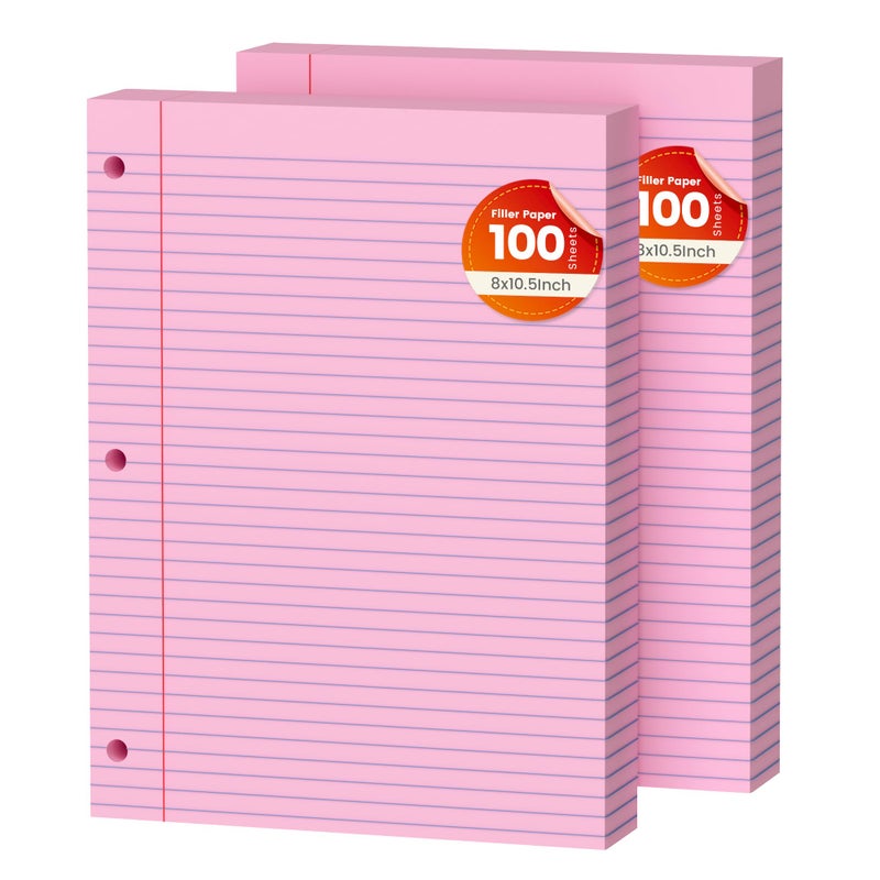 AILZFEI Pink Loose Leaf Paper 200 Sheets Colored Filler Paper 2 Pack 8 * 10.5 College Ruled 3-Hole Punched Paper for 3-Ring Binders Notebook Lined 8" x 10.5" - Image 1