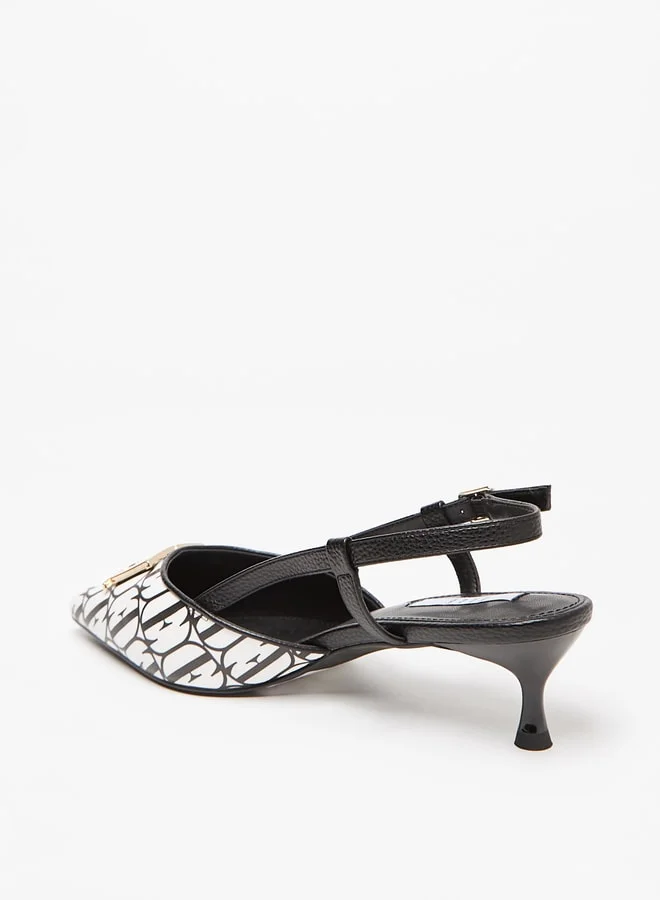 ELLE Women's Monogram Print Pumps with Buckle Closure and Kitten Heels