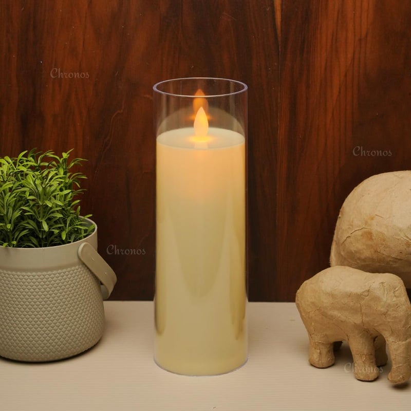 Acrylic Glass LED Moving Flame Pillar Candle, Flameless, Smokeless, Realistic Flickering, Warm White Light for Home Decor, Diwali, and Christmas (9 Inch)