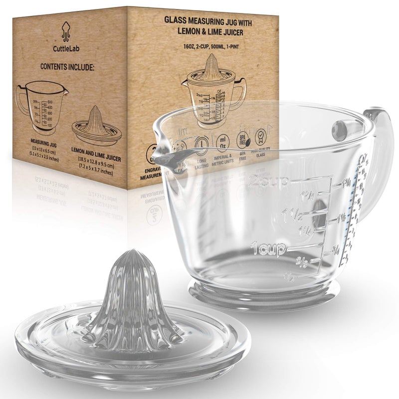CuttleLab عصارة زجاجية كاتل لاب 2 كوب شفافة لعصر الليمون والليمون الحامض يدوية