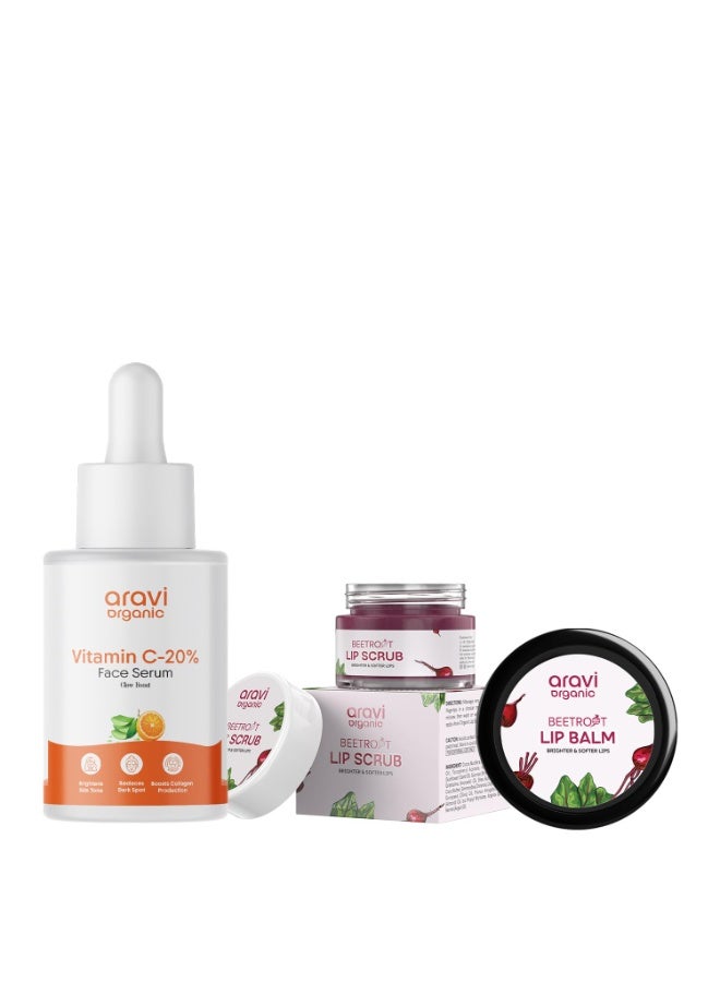 Aravi Organic Vitamin C Face Serum 30 ml+ Lip Scrub 15 gm + Lip Balm 8 gm - Brightening Skincare & Nourishing Lip Care Trio - Image 1