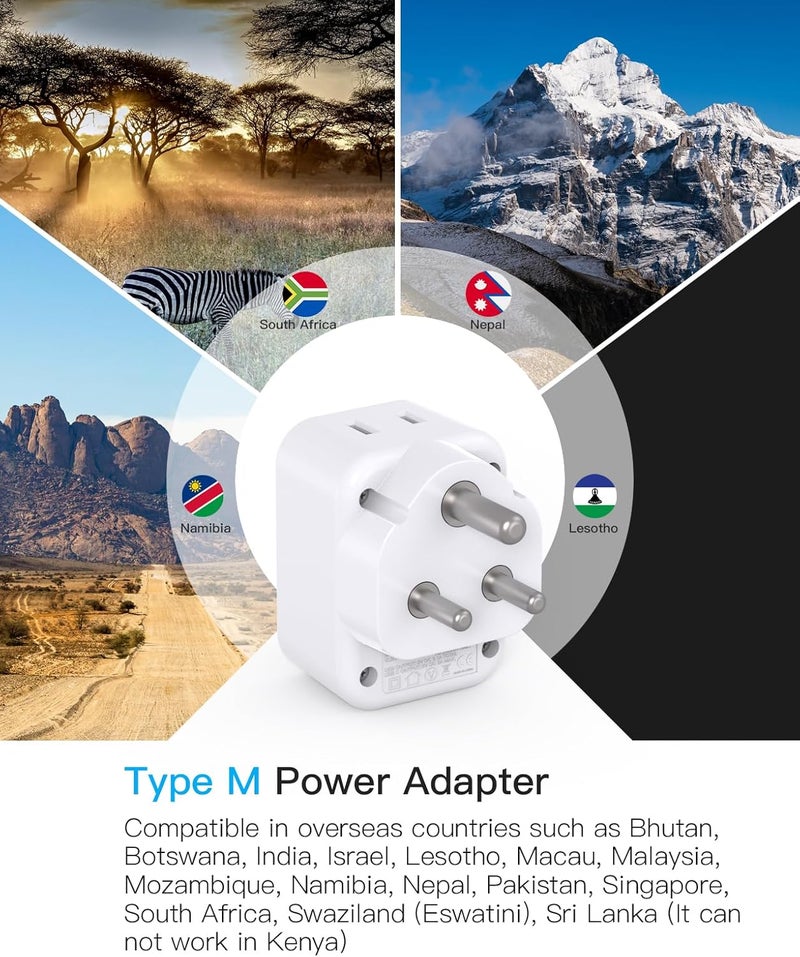 HANYCONY محول سفر جنوب أفريقيا ، محول طاقة من النوع M مع منفذي تيار متردد و3 منافذ USB (2 USB C) للاستخدام من الولايات المتحدة إلى جنوب أفريقيا وبوتسوانا وناميبيا والهند ونيبال وبوتان وسريلانكا - Image 2