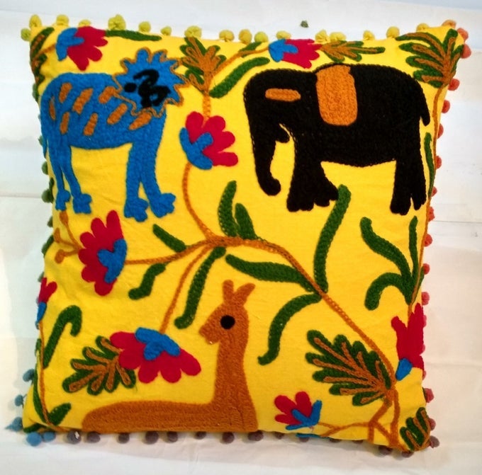 TRADITIONAL JAIPUR SUZANI EMBROIDERED PILLOW COVER 16X16 ANIMAL PRINT INDIAN OUTDOOR CUSHIONS DECORATIVE THROW PILLOWCASE POM POM CUSHION COVER BOHO PILLOW SHAM