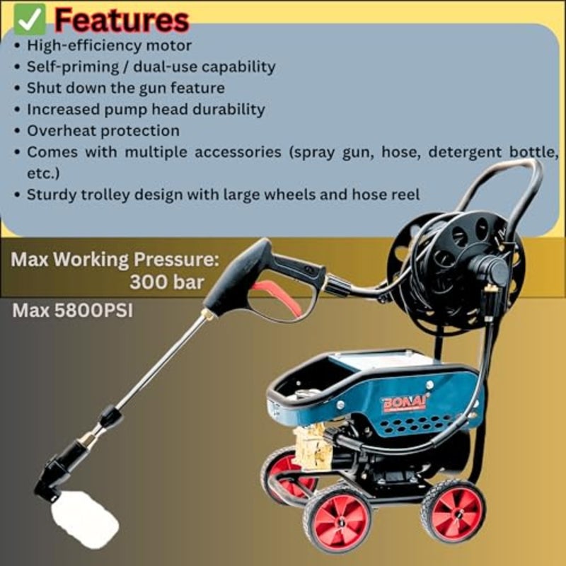 BN-HK61 3000W 300Bar منظف كهربائي عالي الضغط 5800 PSI Power Jet Wash Machine 8.5L / Min تدفق المياه الذاتي فتيلة غسالة السيارات المحمولة في الهواء الطلق أداة تنظيف درب الفناء - Image 5
