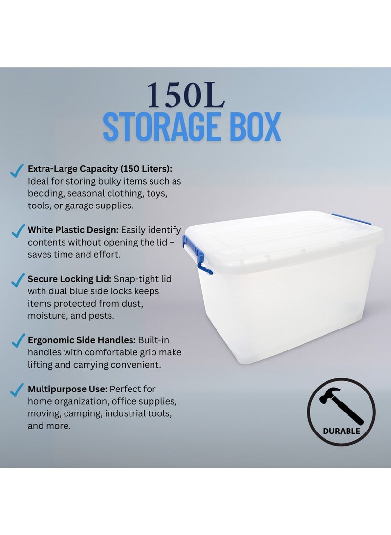 Marcolo Plastic Storage Box Large 150L with Locking Lid – Heavy-Duty & Weatherproof Bin for Home, Garden, Warehouse  - Image 4