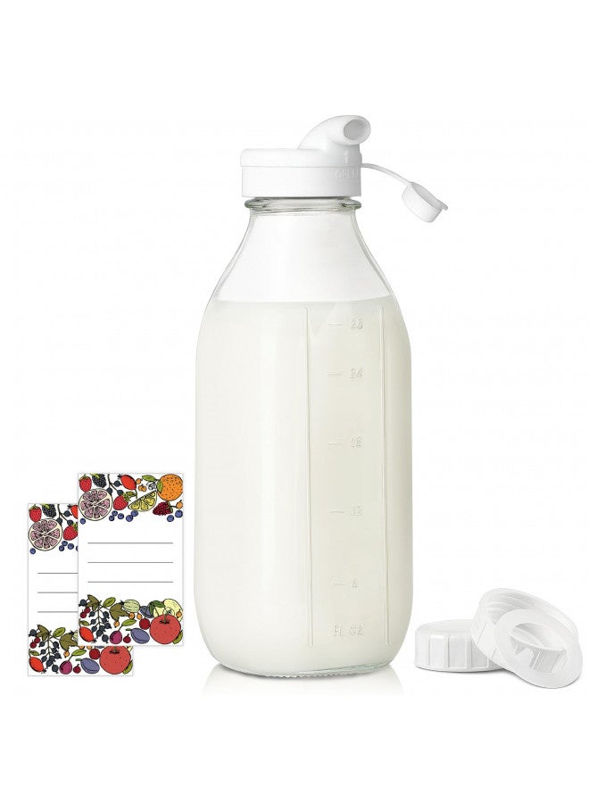 Syntic Square Liter Glass Milk Bottles with Airtight Lid - 100% Airtight Heavy Duty Screw Lid, 32 Oz Glass Juice Bottles w Scale Mark, Reusable Glass Jars for Homemade Juice(Extra 1 Lid and Pen) - Image 1