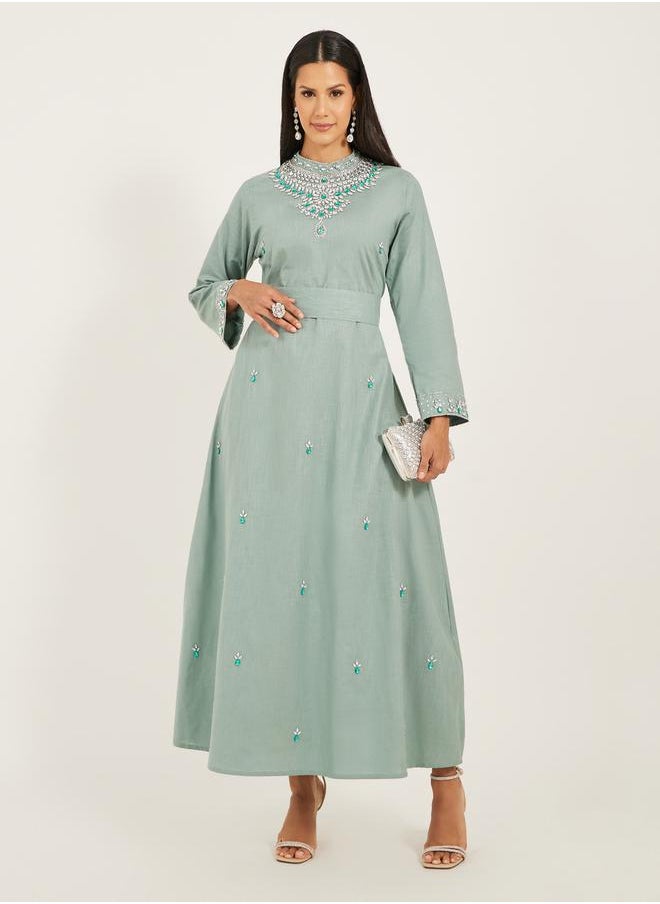 Maxim Creation - Embellished High Neck Belted A-Line Kaftan by Styli - Image 1