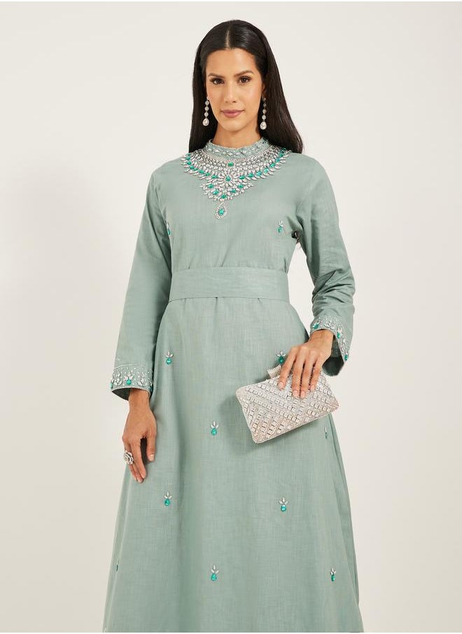 Maxim Creation - Embellished High Neck Belted A-Line Kaftan by Styli - Image 1