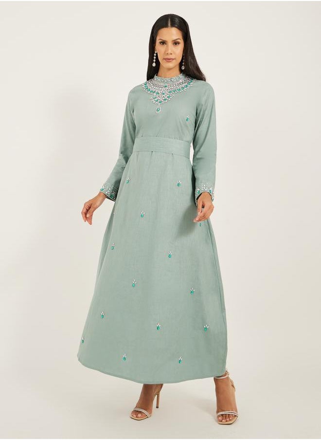 Maxim Creation - Embellished High Neck Belted A-Line Kaftan by Styli - Image 1