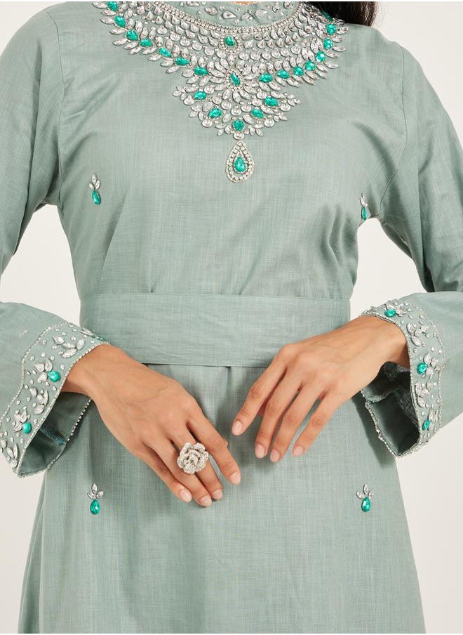 Maxim Creation - Embellished High Neck Belted A-Line Kaftan by Styli - Image 1
